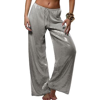Women's Elastic High Waist Sequin Wide Leg Pants Bling Glitter Party Dance Trousers