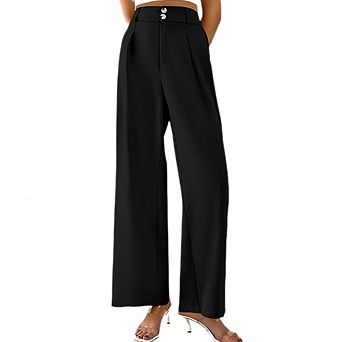 Women's Business Casual Office Palazzo Pants, High Waist Button Pleated Wide Leg Dress Trousers