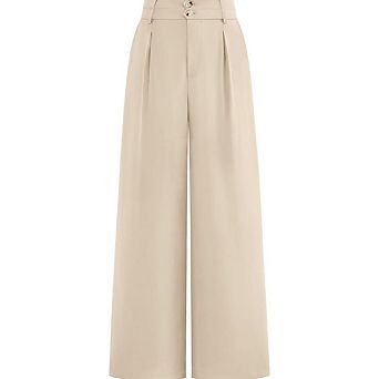 Women's Business Casual Office Palazzo Pants, High Waist Button Pleated Wide Leg Dress Trousers