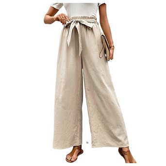 Women's Flowy Pocketed Palazzo Long Pants Belted High Waist Wide Leg Business Casual Bottoms