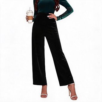 Women’s Dressy Casual Wide Leg Trousers, High Waist Soft Velour Palazzo Bottoms