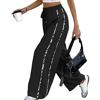 Women's Tall Running Hiking Track Trousers Elastic Waist Side Stripe Wide Leg Pocketed Casual Pants