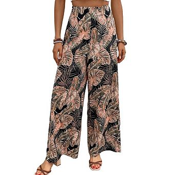 Women's Pocketed Flowy Wide Leg Palazzo Pants Elastic Waist Summer Travel Beach Casual Wear