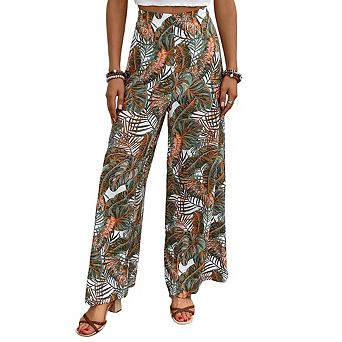 Women's Pocketed Flowy Wide Leg Palazzo Pants Elastic Waist Summer Travel Beach Casual Wear