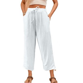 Women's Drawstring Loose Casual Cropped Trousers High Waist Pocketed Wide Leg Bottoms