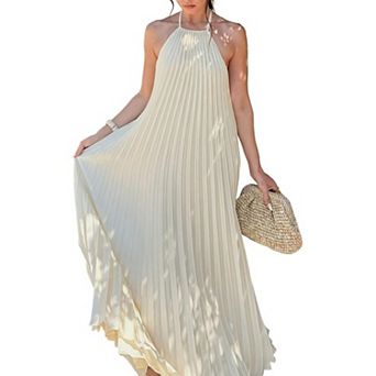 Womens Summer Maxi Dress Sleeveless Pleated Halter Tie Backless Vacation Loose Fit Long Flowy Dress