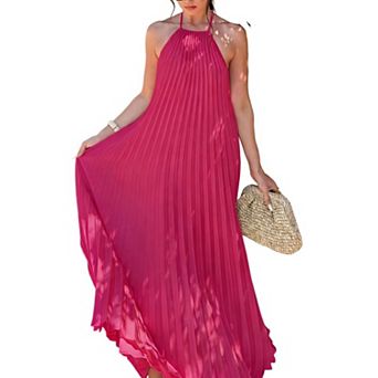 Womens Summer Maxi Dress Sleeveless Pleated Halter Tie Backless Vacation Loose Fit Long Flowy Dress