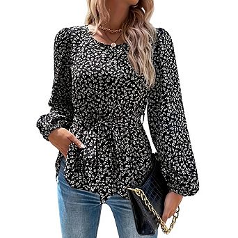 Women's Long Sleeve V Neck Printed Belted Top with Ruffled Hem Casual and Stylish Top