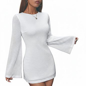Womens Bodycon Mini Dress Casual Bell Long Sleeve Round Neck Short Party Cocktail Waffle Dresses