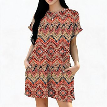 Womens Summer Midi Dresses Casual Loose Fit Fold Short Sleeve Crewneck Printed Sundress with Pockets