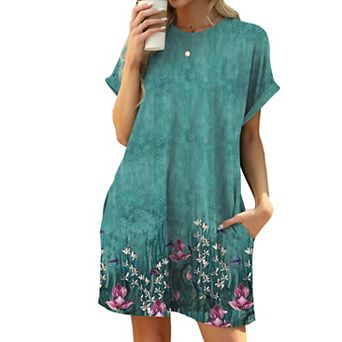 Womens Summer Midi Dresses Casual Loose Fit Fold Short Sleeve Crewneck Printed Sundress with Pockets