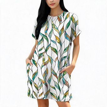 Womens Summer Midi Dresses Casual Loose Fit Fold Short Sleeve Crewneck Printed Sundress with Pockets