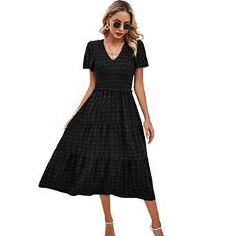 Womens Summer A Line Maxi Dress Boho Smocked V Neck Short Sleeve Ruffle Tiered Polka Dot Long Dress