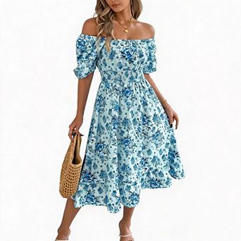 Women's Summer Maxi Dress Off Shoulder Beach Floral Puff Short Sleeve Smocked Waist A Line Sundress