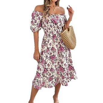 Women's Summer Maxi Dress Off Shoulder Beach Floral Puff Short Sleeve Smocked Waist A Line Sundress