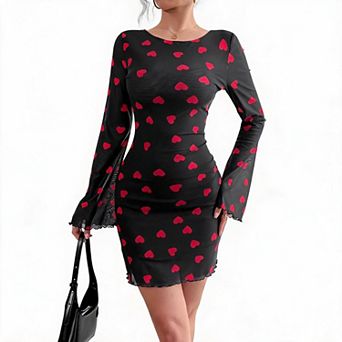 Women's Summer Bodycorn Mini Dress Bell Long Sleeve Tie Backless Heart Printed Mesh Short Dresses