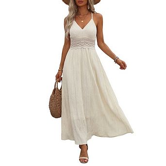 Womens Summer Boho Maxi Dress Spaghetti Strap V Neck Lace Tie Backless Texture Flowy A Line Sundress