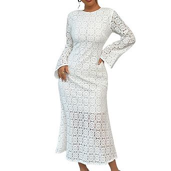 Womens Elegant Bodycon Maxi Dress Floral Lace Short Sleeve Round Neck Bell Long Sleeve Long Dress