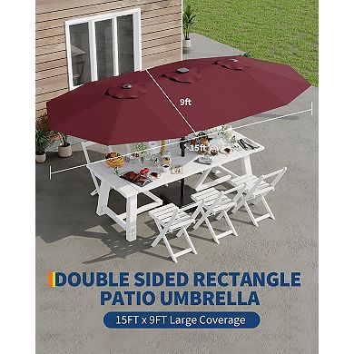 MROOBEST 15FT Large Patio Umbrella with Base Included, Double-Sided Outdoor Market Rectangle
