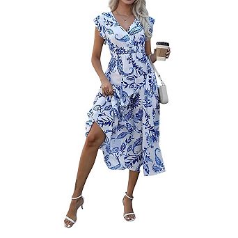 Women's Summer Floral Dress Sleeveless v Neck Leaky Back Flowy Ruffle Hem Boho Dresses