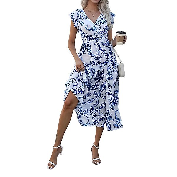 flowy floral dress short Women's Summer Sleeveless v Neck Leaky Back Ruffle Hem Boho Dresses hunter green evening dress
