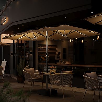 MROOBEST 15FT Rectangular Patio Umbrella with Base & 48 Solar LED Lights UV Protection, Waterproof