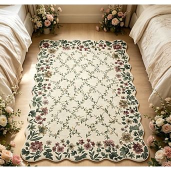 Boho Vintage Floral Area Rug Irregular Edge Non-Slip Washable Low Pile Carpet for Indoor Entryway
