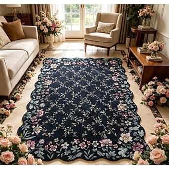 Boho Vintage Floral Area Rug Irregular Edge Non-Slip Washable Low Pile Carpet for Indoor Entryway