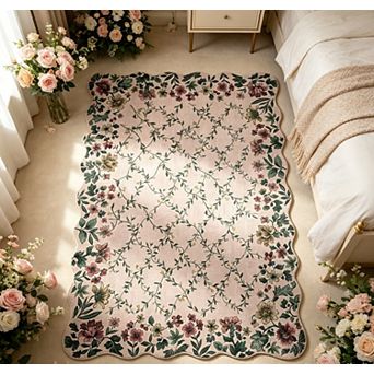 Boho Vintage Floral Area Rug Irregular Edge Non-Slip Washable Low Pile Carpet for Indoor Entryway
