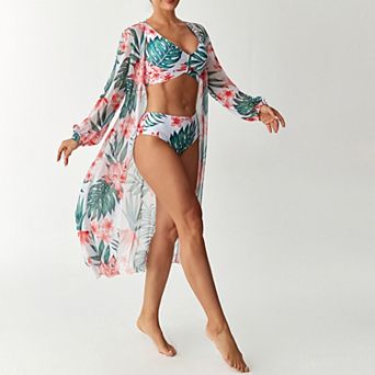 3 pc Floral Swimsuits for Women Print Lace Up High Waisted Bikini Set with Beach Cover Ups