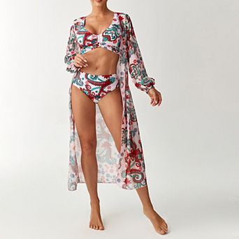 3 pc Floral Swimsuits for Women Print Lace Up High Waisted Bikini Set with Beach Cover Ups