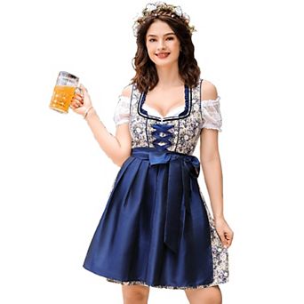 Women 3 pc Oktoberfest Dirndl Dress Costume German Traditional Bavarian Printed Outfits