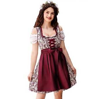 Women 3 pc Oktoberfest Dirndl Dress Costume German Traditional Bavarian Printed Outfits