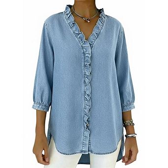 Women Ruffle V Neck Tencel Denim Shirt 3/4 Puff Sleeve Loose Split Hem Tunic Blouse