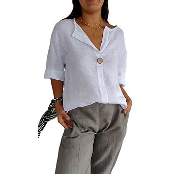 Women Linen Blend 3/4 Roll Sleeve Henley Shirt Loose Casual V Neck Tunic Blouse with Single Button