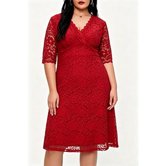 Women's Plus-Size Lace Cocktail Dress Elbow-Sleeve Wrap V-Neck A-Line Midi