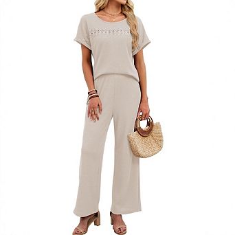 Women's Round Neck Lace Trim Short Sleeved Top and Pants Casual Set