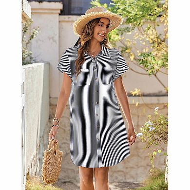 Women's Collared Short Sleeve Full Button Front Dual Pocket Loose Mini Shirt Dress
