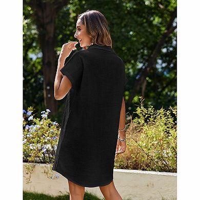 Women's Collared Short Sleeve Full Button Front Dual Pocket Loose Mini Shirt Dress