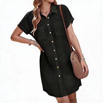 Women's Collared Short Sleeve Full Button Front Dual Pocket Loose Mini Shirt Dress