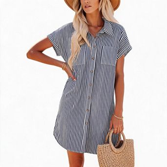 Women's Collared Short Sleeve Full Button Front Dual Pocket Loose Mini Shirt Dress