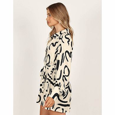 Women's Collared Long Sleeve Button Front Belted Abstract Print Mini Shirt Dress