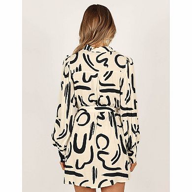 Women's Collared Long Sleeve Button Front Belted Abstract Print Mini Shirt Dress