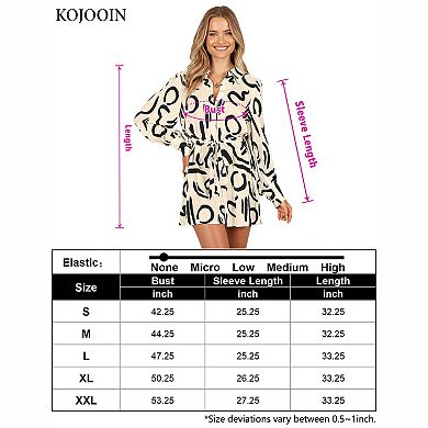 Women's Collared Long Sleeve Button Front Belted Abstract Print Mini Shirt Dress