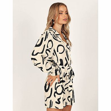 Women's Collared Long Sleeve Button Front Belted Abstract Print Mini Shirt Dress