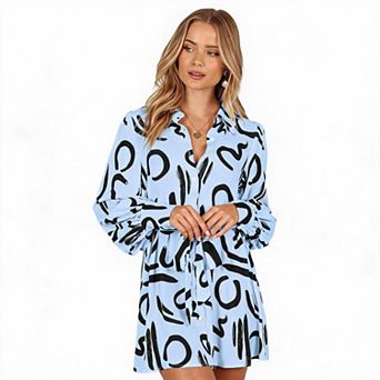 Women's Collared Long Sleeve Button Front Belted Abstract Print Mini Shirt Dress