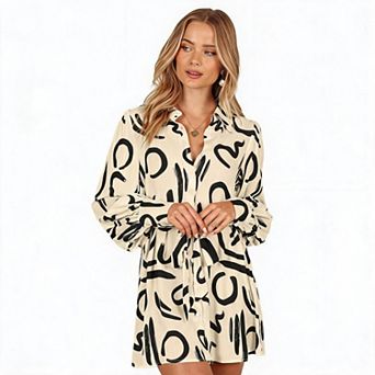 Women's Collared Long Sleeve Button Front Belted Abstract Print Mini Shirt Dress