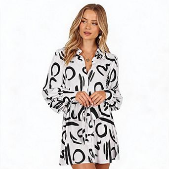 Women's Collared Long Sleeve Button Front Belted Abstract Print Mini Shirt Dress