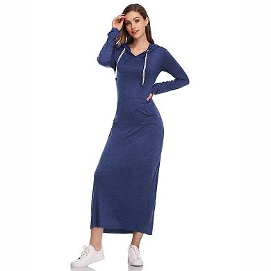 Women's Hooded Drawstring Long Sleeve Side Slit Pocket Knit Maxi Dress