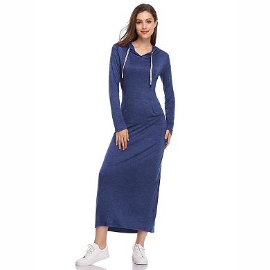 Women's Hooded Drawstring Long Sleeve Side Slit Pocket Knit Maxi Dress